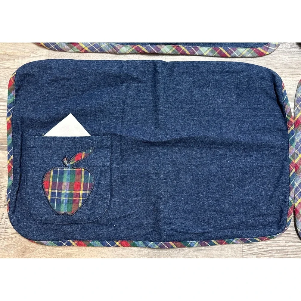 Set Of 4 Vintage Denim Placemats Plaid Trim W/ Apple Pocket W/‎ Napkin 17x12